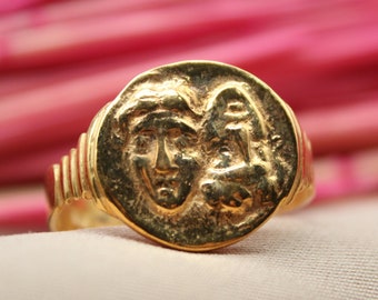 Intaglio Roman Coin Sterling Silver Ring | 24k Gold Over Coin Ring | Virgin Mary Ring | Gold Ring | Ancient Coin Ring | Men Signet Ring