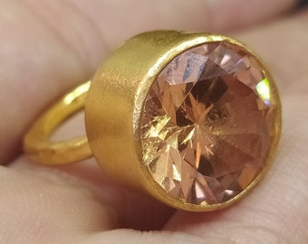 Citrine Ring | 925K Sterling Silver | Statement Ring | Bridesmaid Gift | Handmade 24K Gold Over | Hammered Roman Art Ring | By Artsmyrna