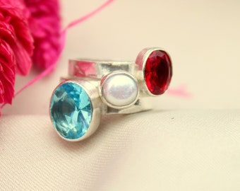 Pearl Ruby Blue Topaz Ring | Bezel Set Ring | Hammered Sterling Silver Ring | 925K Silver Jewelry | 24K Gold Over Silver Ring | By Artsmyrna