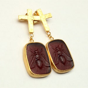 Intaglio Bee Cross Silver Stud Earrings