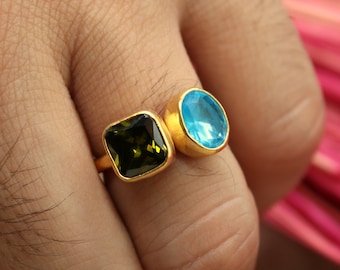 Anello regolabile in argento con peridoto e topazio blu, gioielli fatti a mano, regalo di Natale