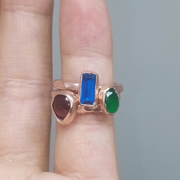 Emerald  Ring | Blue Topaz Ring |  Garnet Silver Ring | Red Green Blue Stone Ring | Fashion Ring | Birthstone | Dainty Ring | Three Stone