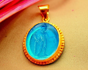 Natural Intaglio Glass Pendant | Glass Art Intaglio Silver Jewelry | Carved Silver Pendant | Ancient Roman Art | 24K Gold Over | Artsmyrna