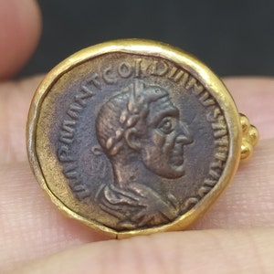 Diepdruk zegelring Romeinse munt sterlingzilveren ring | 24-karaats goudkleurige ring | Gouden vermeil ring | Ring met oude Griekse munt | Zegelring