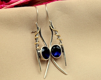 Pendientes de zafiro / Plata de ley 925K / Pendientes colgantes / Pendientes delicados / Oro de 24K / Arte romano antiguo / Por Artsmyrna