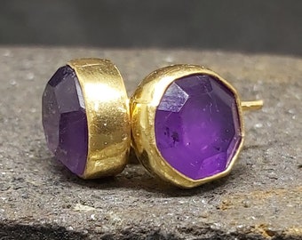 Natural Amethyst Earrings Silver | 925K Sterling Silver | 24K Gold Vermeil | Natural Purple Amethyst | Handcrafted Stud Earrings