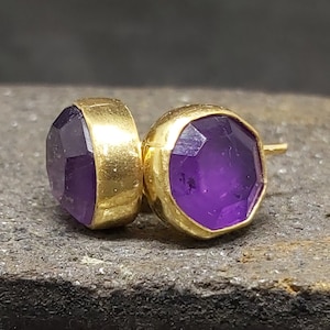 Natural Amethyst Earrings Silver | 925K Sterling Silver | 24K Gold Vermeil | Natural Purple Amethyst | Handcrafted Stud Earrings