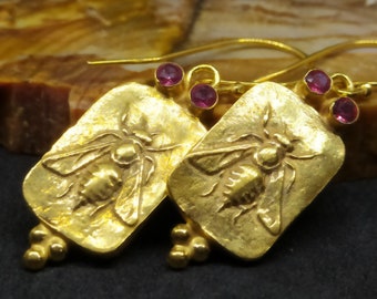 Roman Coin Intaglio Zeus Bee Earrings Silver Gold Coin Over Ancient Coin Honey Bee Earrings Gold Vermeil Bee of Artemis Greek Art Symbol
