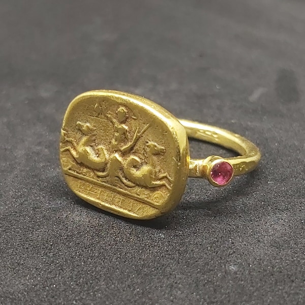 Roman Coin Intaglio Poseidon 14k Gold Signet Ring Ancient Vintage 14k Gold Signet Ring