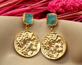 Raw Blue Apatie and Roman Coin Silver Earrings Greek Earrings Greek Jewelry
