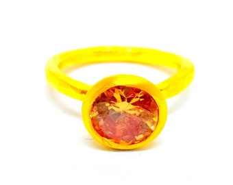 Citrine Ring | 925K Sterling Silver | Statement Ring | Bridesmaid Gift | Handmade 24K Gold Over | Hammered Roman Art Ring | By Artsmyrna