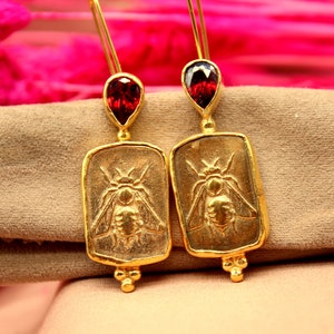 Intaglio Roman Coin Zeus Bee Earrings Ruby Bee Earrings Silver Gold Coin Over ancient coin honey bee earrings gold vermeil Garnet Earring