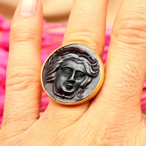 Sun God Helios  Intaglio Glass Silver Ring | Intaglio Glass Ring Gold Over | Intaglio Carved Ring | Glass Carving Gift Mothers Day