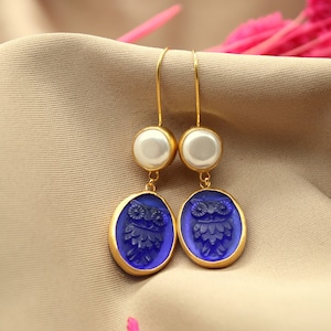 Intaglio Owl and Pearl Silver Earrings Halloween Gift Christmas Gift
