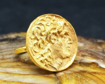 Alexander der Große Siegelring 925K Sterling Silber Ring | 24k Gold über Münze |  Antike griechische Münze Ring | Siegelring Muttertag
