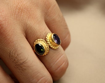 14k Solid Gold Peridot  and Amethyst Adjustable Ring Handmade Jewelry Christmas Gift