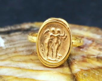 Angel Roman Coin Intaglio Signet Ring Sterling Silver Ring | 24k Gold Over Coin  | Gold Vermeil Ring | Ancient Greek Coin Ring | Signet Ring