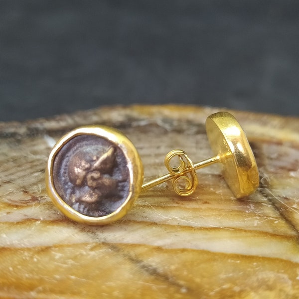 14k Solid Gold Roman Coin Stud  Earrings Ancient Greek Warrior Coin | Roman Art Earrings | Women For Gift | By Artsmyrna