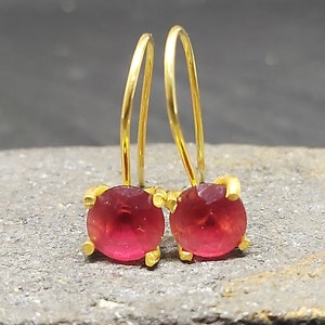 Op de afbeelding: Een paar gouden oorringen met een rode edelsteen in het midden van elke oorring.
