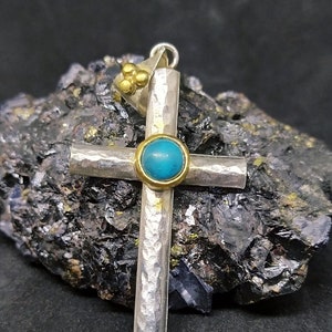 Turquoise Cross Pendant Silver | 925K Sterling Silver | Gifts For Her | Dainty Hammered Cross Pendant | 24K Gold Vermeil | By Artsmyrna