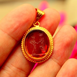 Natural Intaglio Glass Pendant | Glass Art Intaglio Silver Jewelry | Carved Silver Pendant | Ancient Roman Art | 24K Gold Over | Artsmyrna