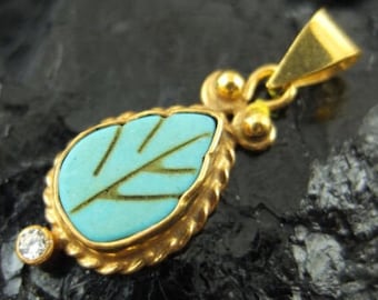Carved Turquoise Pendant | 22K Gold over 925K Sterling Silver | Ancient Pendant | Fashion Pendant | Mothers Gift | By Artsmyrna