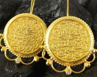 Ottoman Earrings Solid Silver | Ottoman Signet Earrings  | Handmade 24K Gold Over | Ancient Coin Earrings | İslamic Earrings  By Artsmyrna
