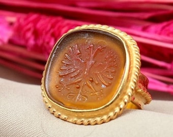 The Imperial Eagle Intaglio Roman Coin Sterling Silver Ring | 24k Gold Over Coin  | Gold  Ring | Ancient Greek Coin Ring | Signet Ring