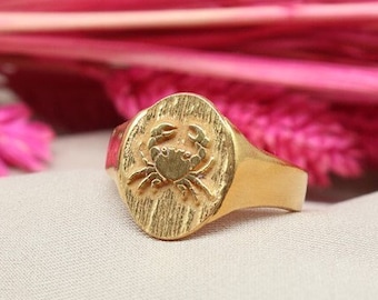 Cancer Signet Sterling Silver Ring Gold Vermeil Ring | Gold Overlay Ring | cancer Zodiac Sign Men Unisex Ring