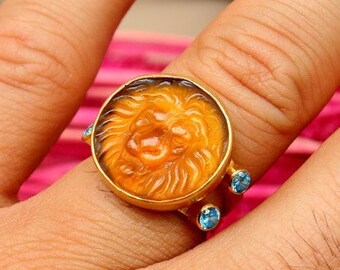 14k Solid Gold Intaglio Glass Lion Head Ring | Handmade Ring Christmas Gift