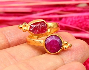 Bague ajustable en rubis naturel véritable, sterling massif | Argent sterling 925 carats | Bague rubis avec pierres précieuses brutes | Bague en argent fabriquée à la main Anvient