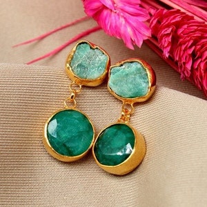 925K Sterling Silver Raw Natural Emerald Earrings 24k Gold Plated