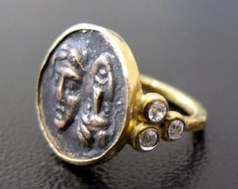 Anello con sigillo intagliato, anello in argento sterling con moneta romana / anello con moneta in oro 24k / anello in oro vermeil / anello con moneta greca antica / anello con sigillo