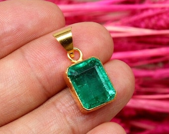 14k Solid Gold Natural Emerald Pendant Handmade Jewelry Christmas Gift