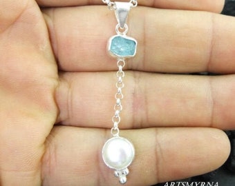 Pearl and Raw Apatite Silver Necklace