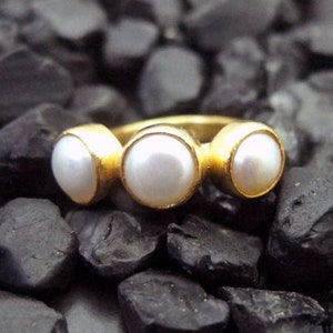 Pearl Ring Solid Silver | Hammered Sterling handmade 24K Gold Over | Triple Stone Pearl Ring | Minimalist Ring | Dainty Ring | By Artsmyrna