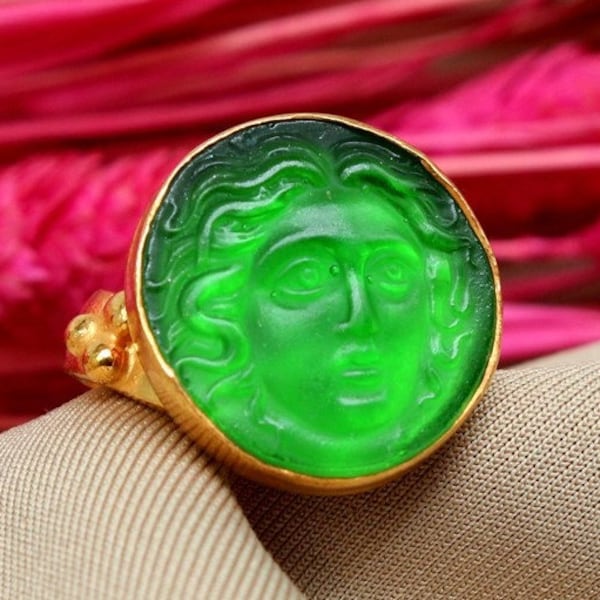 Medusa Intaglio Glass Silver Ring | Intaglio Art Glass Ring Gold Over | Fashion Ring | Medusa Intaglio Glass Ring | Carved Intaglio