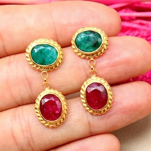Natural Ruby and Natural Emerald Silver Dangle Earrings | 925K Sterling Silver Dangle Earrings | 24K Gold Plated Ruby and Emerald Earrings