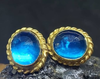 Brilliant Cut Sapphire Earrings | Radiant Deep Blue Sapphire Studs | Round Faceted Deep Blue Sapphire Earrings | Bright Blue Sapphire Studs