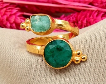 Raw Natural Emerald Ring Solid Silver | 925K Sterling Silver | 24K Gold Vermeil | Dainty Ring | Adjustable Emerald Ring | Hammered Ring