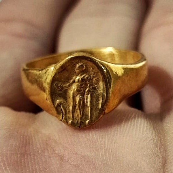 Anillo de plata de ley de moneda romana Intaglio / oro de 24 k sobre anillo de moneda / anillo vermeil de oro / anillo de oro / anillo de moneda antigua / anillo de sello de hombre