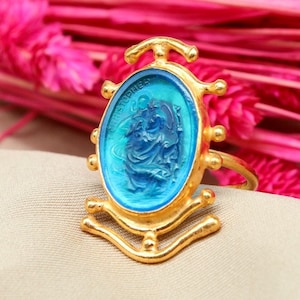 Hristoforos (Saint Christopher) Intaglio Glass Silver Ring | Intaglio Glass Ring Gold Over | Artemis Carving Ring | Intaglio Carved Ring