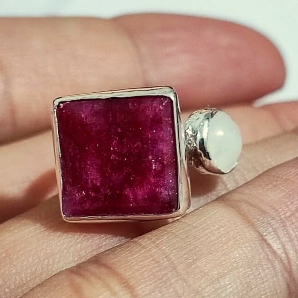 Moonstone Ruby Silver Ring | Ruby Silver Ring | Moonstone Silver Ring