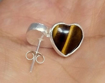 Tiger Eye Heart Silver Earrings | 24k Gold Over Vermeil Earrings | 925K Sterling Silver | Jewelry Earrings | Gift For Her By Artsmyrna
