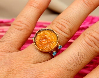 14k Solid Gold Vintage Intaglio Glass Lion Ring Leo 14k Solid Gold Zodiac Leo Man Ring