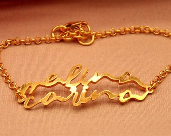 Armband met twee namen | Naamarmband met monogram in roségoud, goud en sterlingzilver | Armband met sierlijke initialen • Bruidsmeisjescadeaus Naamsieraden