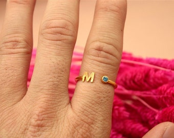 Custom Ring Dainty Initial Letter Ring Rose Gold, Aquamarine, Sterling Silver Mothers Ring  Monogram Name Ring Gift  Minimalist Initial Ring