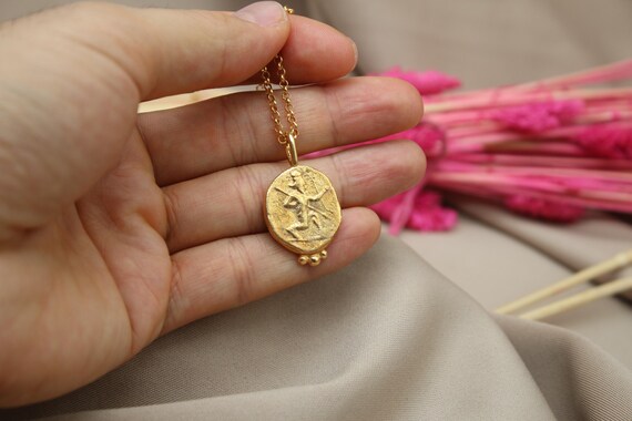 Handmade Greek Poseidon Coin Necklace, Gold Plated Pendant