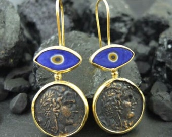 Evil Eye Earrings | Intaglio Roman Coin Earrings Silver | 925K Sterling Silver | Gold | Dangle Earrings | Evil Eye Earrings | By Artsmyrna