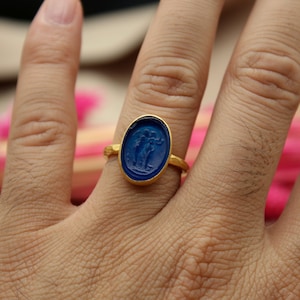 14k Solid Gold Eros and Aphrodite Intaglio Glass Ring | Intaglio Glass Ring Gold Over | Carving Ring | Intaglio Carved Ring | Glass Carving